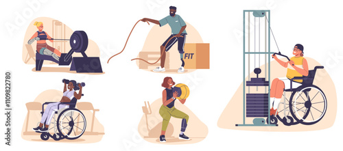 People cartoon characters with disabilities and special needs doing sport exercise training at gym