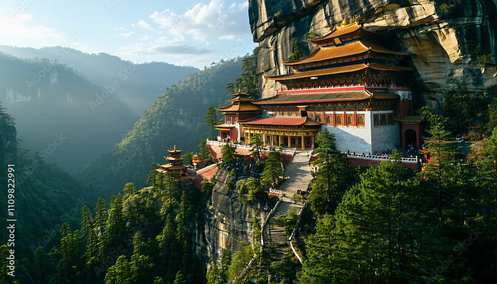 Fototapeta premium A Buddhist monastery clinging to the side of a steep cliff, surrounded by dense green forest. The bu