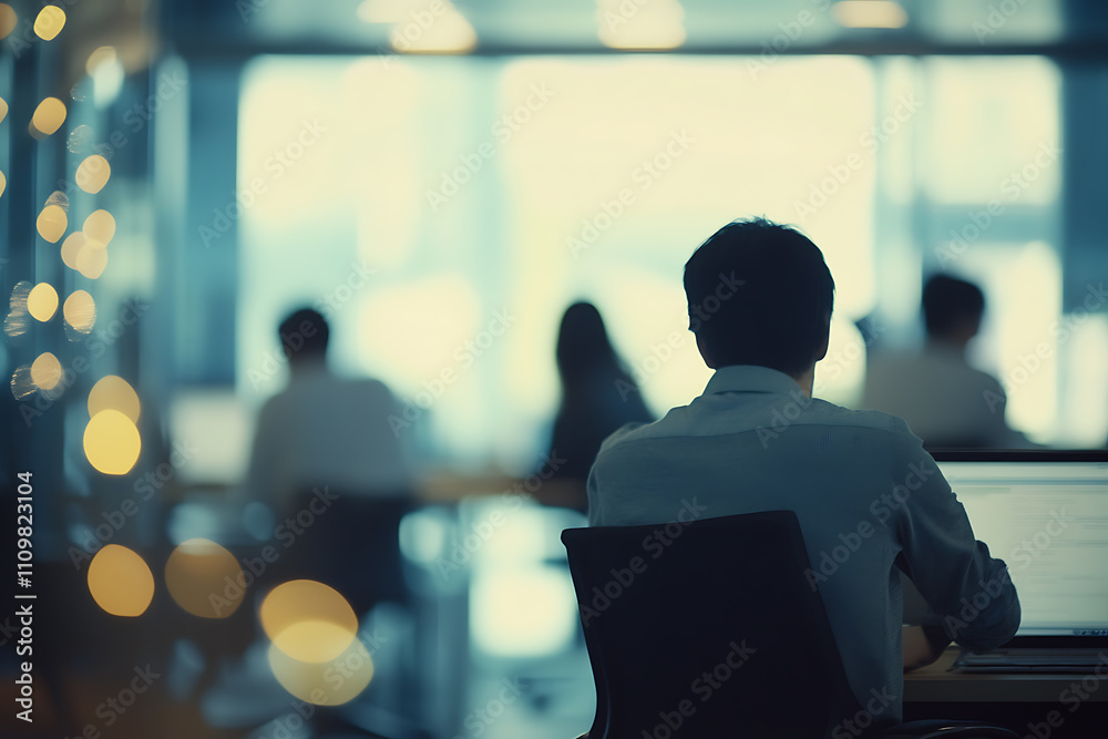 Casual business office environment with blurred people and a soft bokeh background, evoking a relaxed and professional workspace Casual business office environment with blurred people and a soft bokeh background, evoking a relaxed and professional workspace