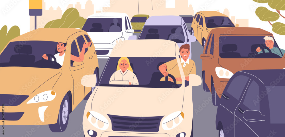 custom made wallpaper toronto digitalPeople driving car moving slowly in urban traffic jam auto flow cartoon vector illustration