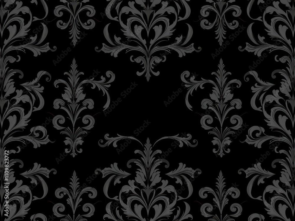 Seamless gothic Damask wallpaper in dark tones with intricate floral and swirl designs, dark, seamless Seamless gothic Damask wallpaper in dark tones with intricate floral and swirl designs, dark, seamless