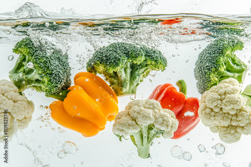 Fresh broccoli, red and yellow bell peppers, and cauliflower submerged in water with vibrant splashes and rising bubbles.