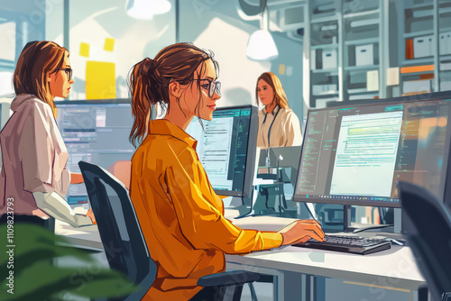A group of women focused on programming and development in a modern office, collaborating in a professional environment.