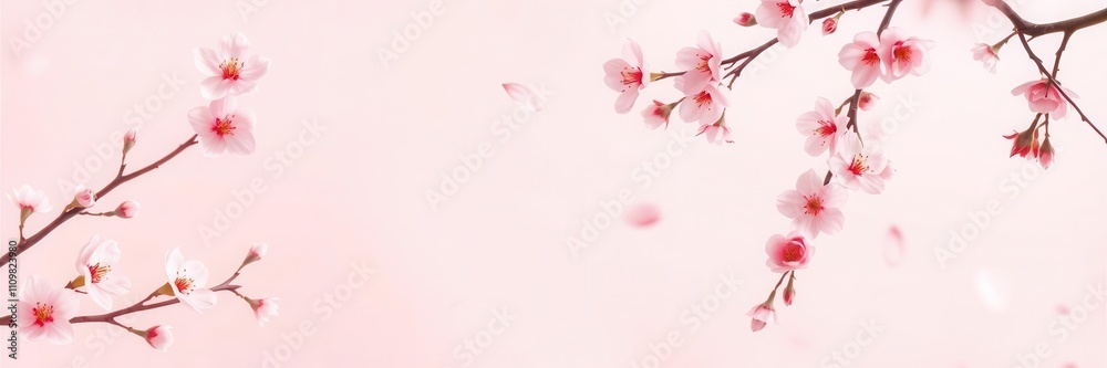 Fototapeta premium Soft pink sakura petals falling in a gentle background, blooming, pink
