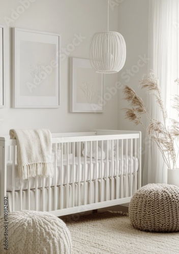  Modern, minimalistic white nursery with a white baby crib, blank wall art frames, and soft gray textured wallpaper, close-up shot of a frame.