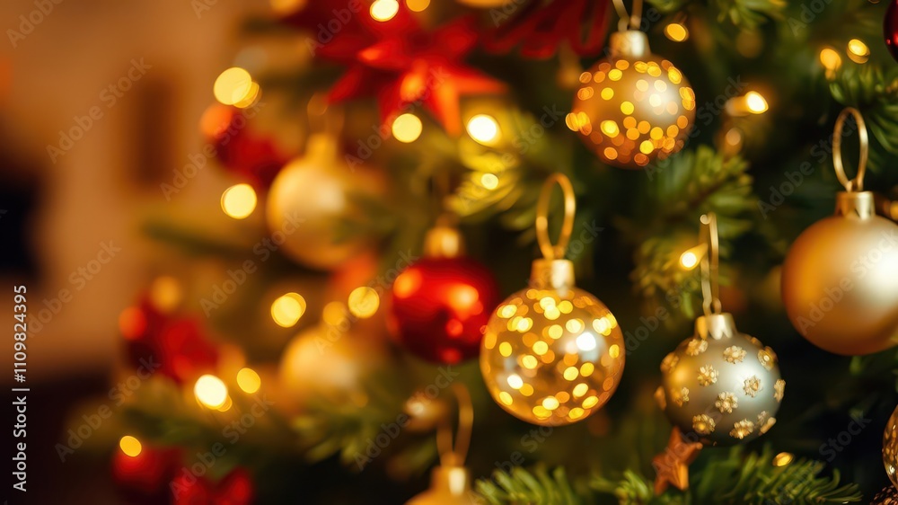 Obraz premium Vibrant Christmas tree with assorted baubles and twinkling lights, seasonal, festive, sparkling