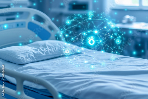 IoT devices in modern hospital room enhance patient care.