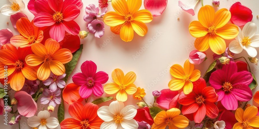 Obraz premium Vibrant spring flowers in pink, purple, yellow, and orange on a textured paper background, background, colorful