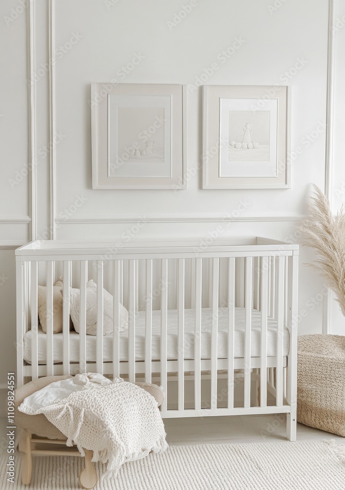 Modern, minimalistic white nursery with a white baby crib, blank wall art frames, and soft gray textured wallpaper, close-up shot of a frame. Modern, minimalistic white nursery with a white baby crib, blank wall art frames, and soft gray textured wallpaper, close-up shot of a frame.