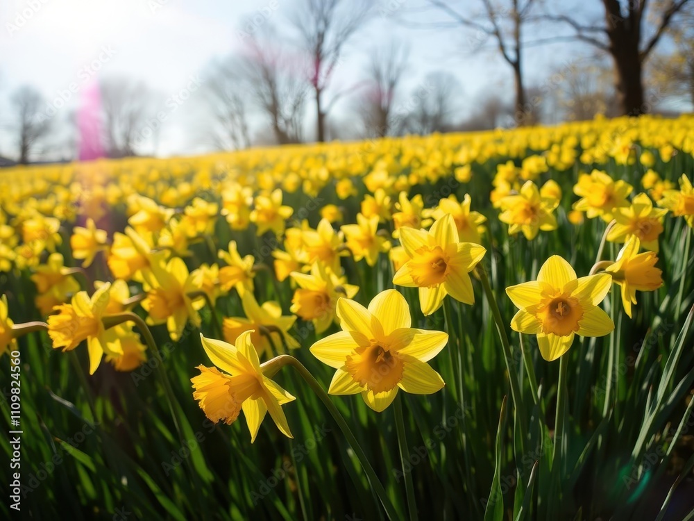 Obraz premium Vibrant yellow Daffodil flowers blooming in a lush green field on a sunny day, sunny, bloom, green