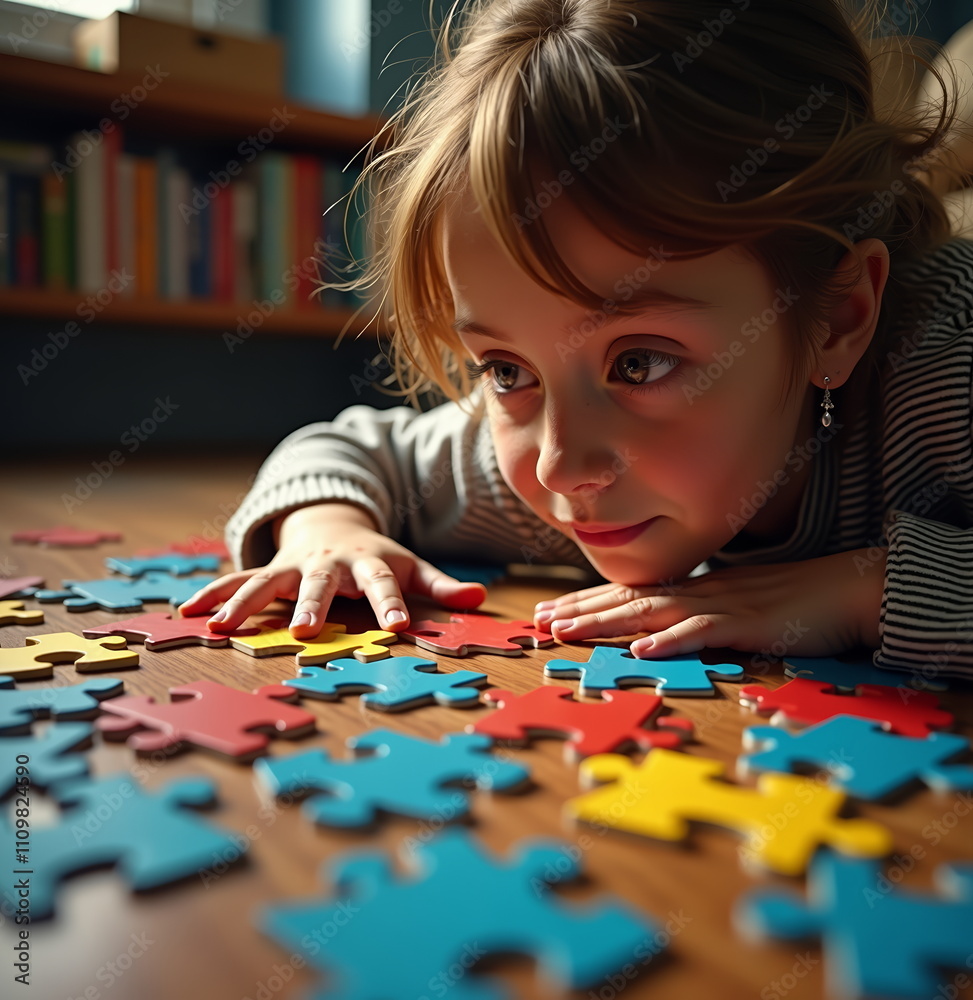 Child playing with colorful puzzle pieces on wooden floor Child playing with colorful puzzle pieces on wooden floor