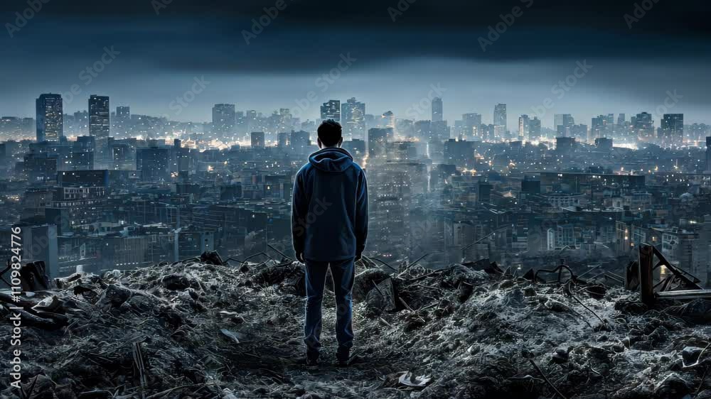 A lone survivor wanders through a desolate city, surrounded by wreckage and solitude. A lone survivor wanders through a desolate city, surrounded by wreckage and solitude.
