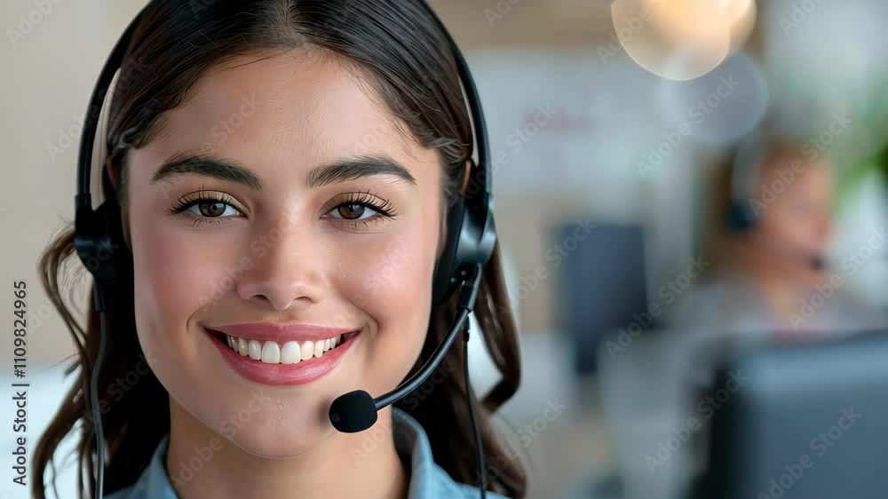 Friendly female customer service representative assisting a client with a headset in a call center.