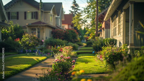 A quaint row of houses with well-kept gardens in a suburban neighborhood. stock image, hd quality, 