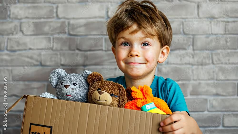 Support charity Kids sorting toys, clothes, books, stationery in donation boxes for a good cause.