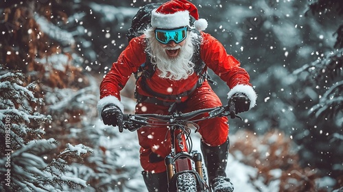 Santa Claus mountain biking in snowy forest, wearing a red suit, Santa hat, and goggles.