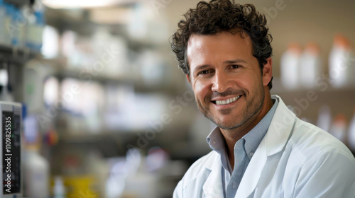 Smiling man in lab coat in a research laboratory during daylight hours