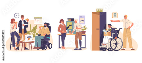 Office workflow and different situation with inclusive people cartoon characters cartoon scene set