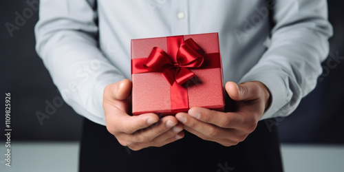 A man holding a gift box. Birthday, corporate event, St Valentine day or Christmas gift concept photo