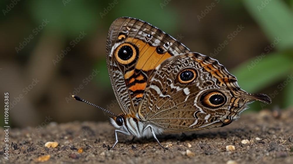 Close-up of a brown butterfly with intricate eye patterns on its wings, perched on the ground. Close-up of a brown butterfly with intricate eye patterns on its wings, perched on the ground.