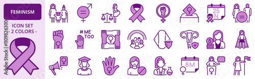 Icons in two colors about feminism.
