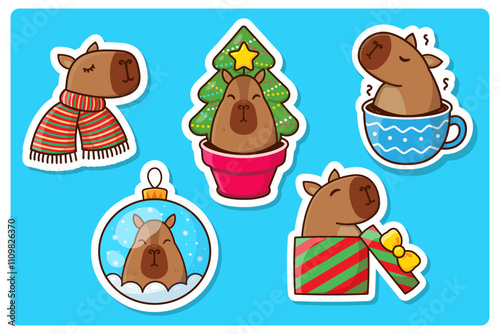 Cute Christmas Capybaras. Sticker Set. Vector Cartoon Illustratio