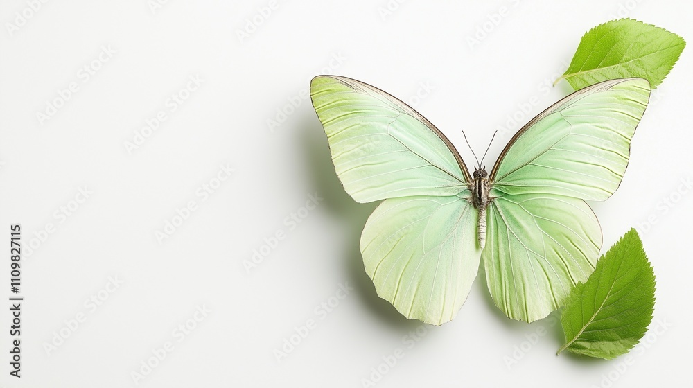 Obraz premium Elegant green butterfly on minimalist background with leaves