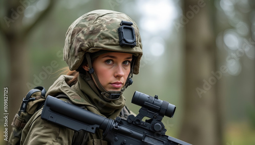 Female soldier in forest