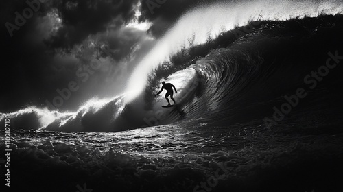 Surfer riding a powerful wave in dramatic black and white.