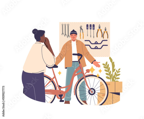 Man mechanic worker showcasing renovated and updated bicycle to happy female customer scene