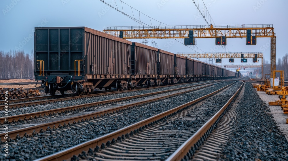 Fototapeta premium Long freight train on railway tracks with signaling system in industrial area