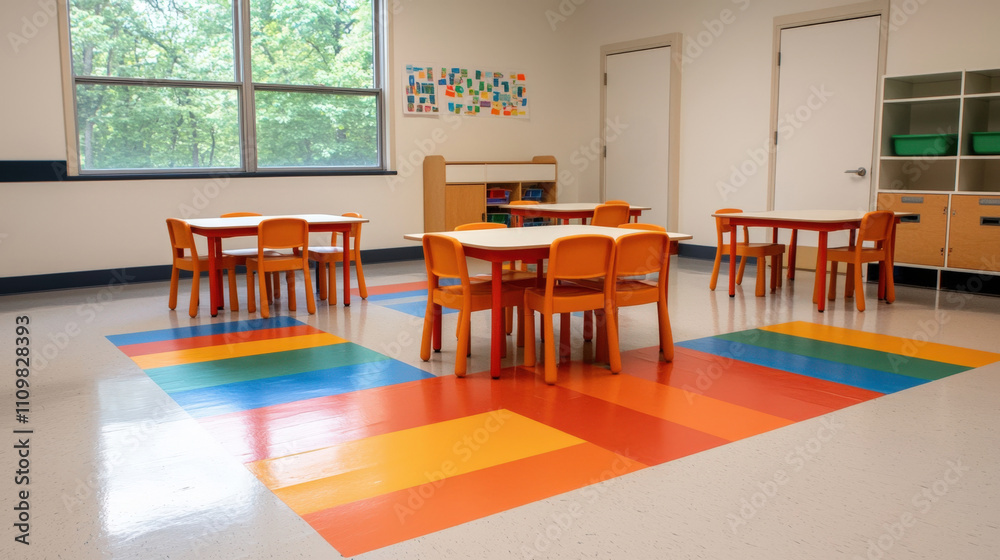 Fototapeta premium Bright and colorful classroom with orange chairs and tables in a modern school setting