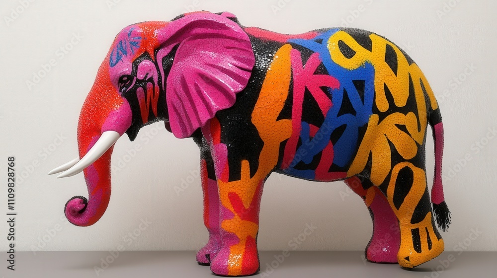 Obraz premium Colorful graffiti elephant sculpture showcasing vibrant urban art and creativity