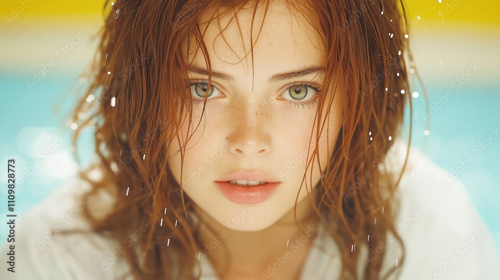 Captivating portrait of a young woman with wet hair and freckles by the pool Captivating portrait of a young woman with wet hair and freckles by the pool