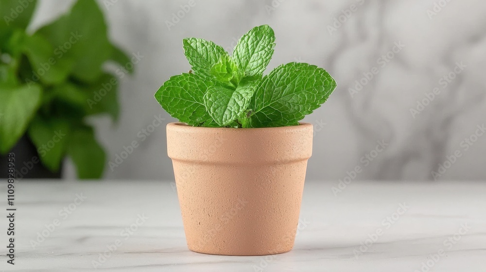 Obraz premium Fresh mint plant in terracotta pot on marble background