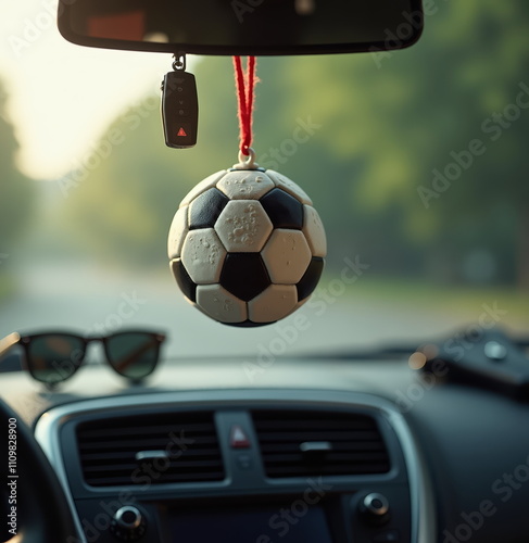 Soccer ball air freshener hanging in car interior photo