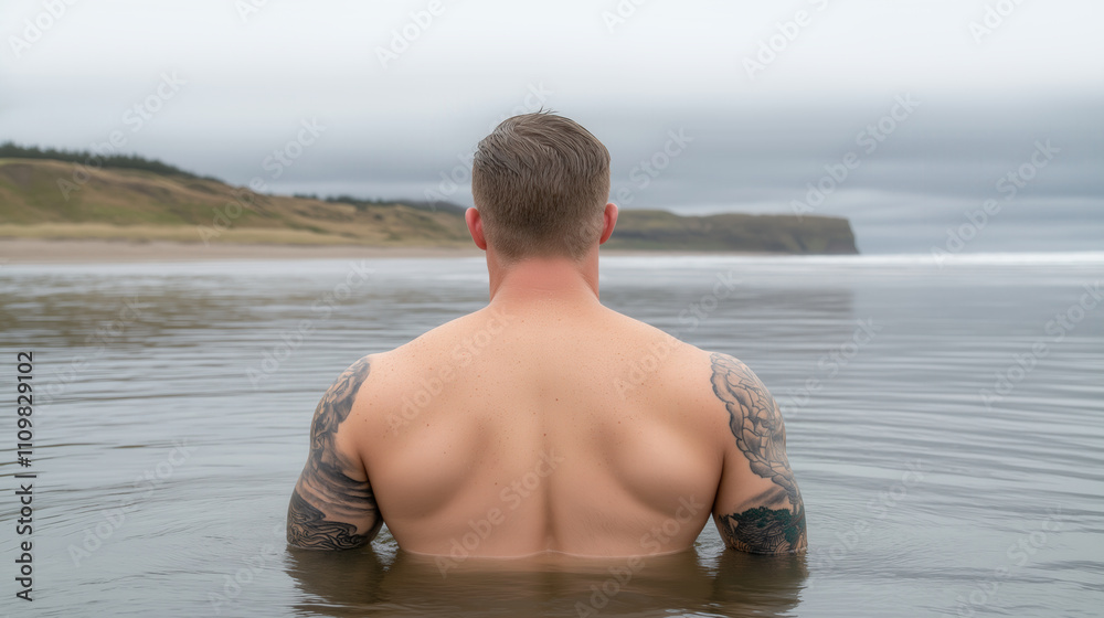 Fototapeta premium Tattooed man immersed in calm coastal waters with overcast sky
