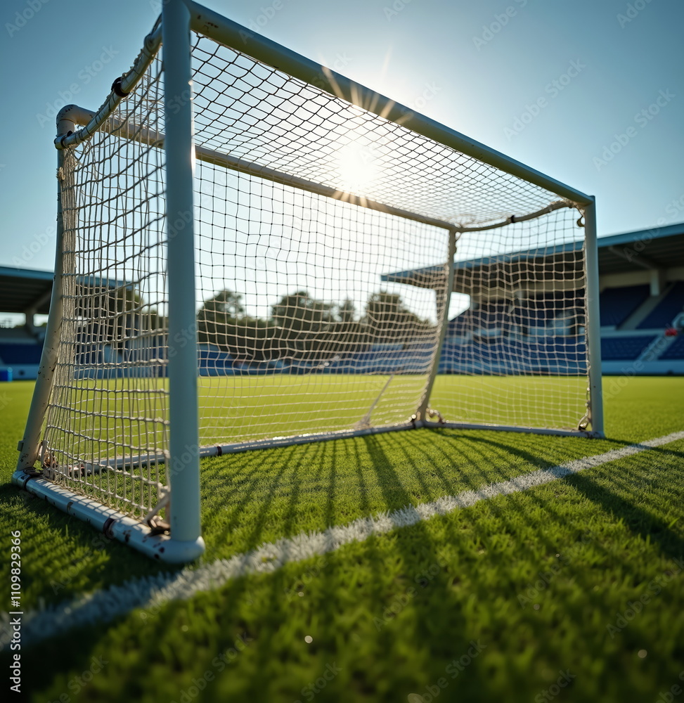 Fototapeta premium Soccer goal on green field in sunlight