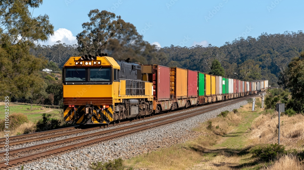 Fototapeta premium Yellow freight train transporting colorful containers through scenic countryside