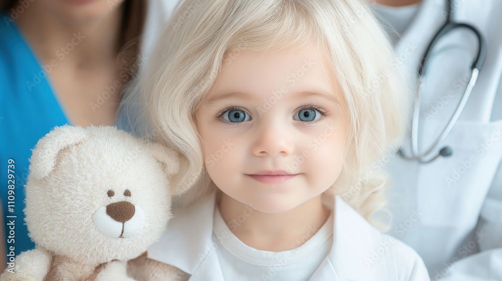 Adorable child with teddy bear at pediatric checkup Adorable child with teddy bear at pediatric checkup