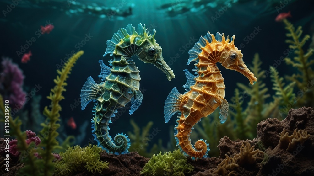 Two seahorses, blue and gold, swim amidst vibrant coral reef. Two seahorses, blue and gold, swim amidst vibrant coral reef.