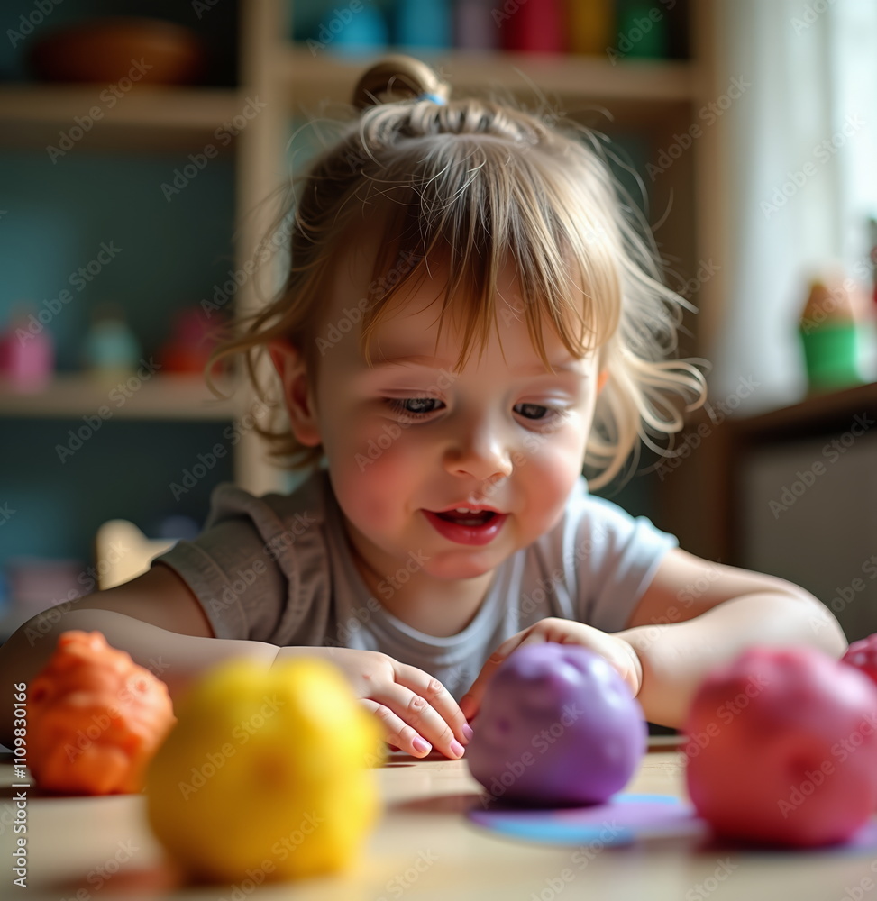 Fototapeta premium Toddler playing with colorful toys at home