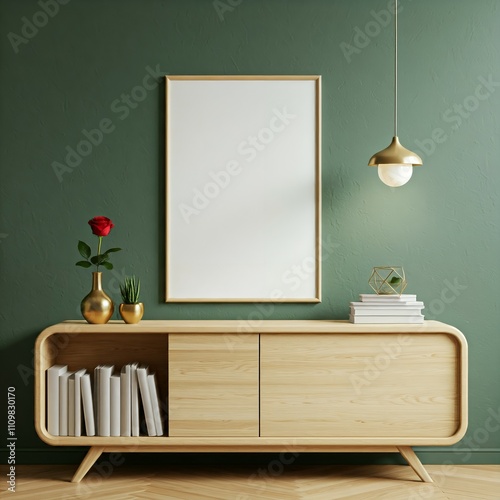 A green wall features a blank framed poster, vases, a plant, and a hanging light above a wooden sideboard with books and storage.