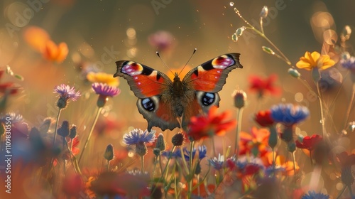 Peacock butterfly in vibrant wildflowers at sunset.