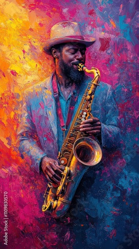 AI-generated vibrant image of a saxophonist playing in a lively, abstract environment. The bold colors and expressive strokes capture the rhythm and improvisation of jazz music. AI generated.