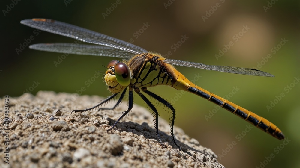 Close-up of a yellow and black dragonfly perched on a rock. Close-up of a yellow and black dragonfly perched on a rock.