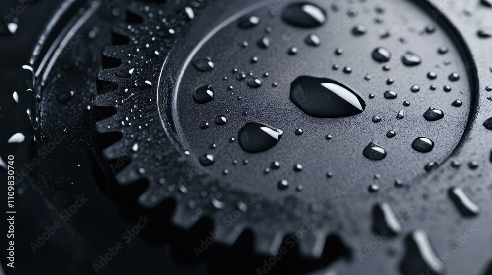 Zoomed in shot of a wet gear wheel highlighting intricate details with glistening water droplets against a blurred backdrop. Zoomed in shot of a wet gear wheel highlighting intricate details with glistening water droplets against a blurred backdrop.