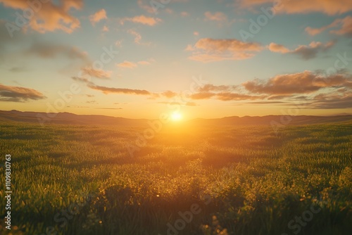 Golden Sunset Over Rolling Green Fields And Distant Hills