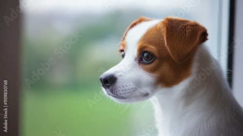 Wallpaper Mural A curious dog peers out the window, its eyes wide with wonder, while a soft blur of scenery creates a dreamy backdrop. Torontodigital.ca
