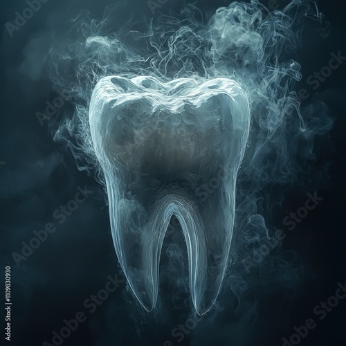 A surreal image of a tooth enveloped in cold, icy smoke with a translucent appearance, offering a unique visual ideal for futuristic or medical-related themes. AI generated. photo